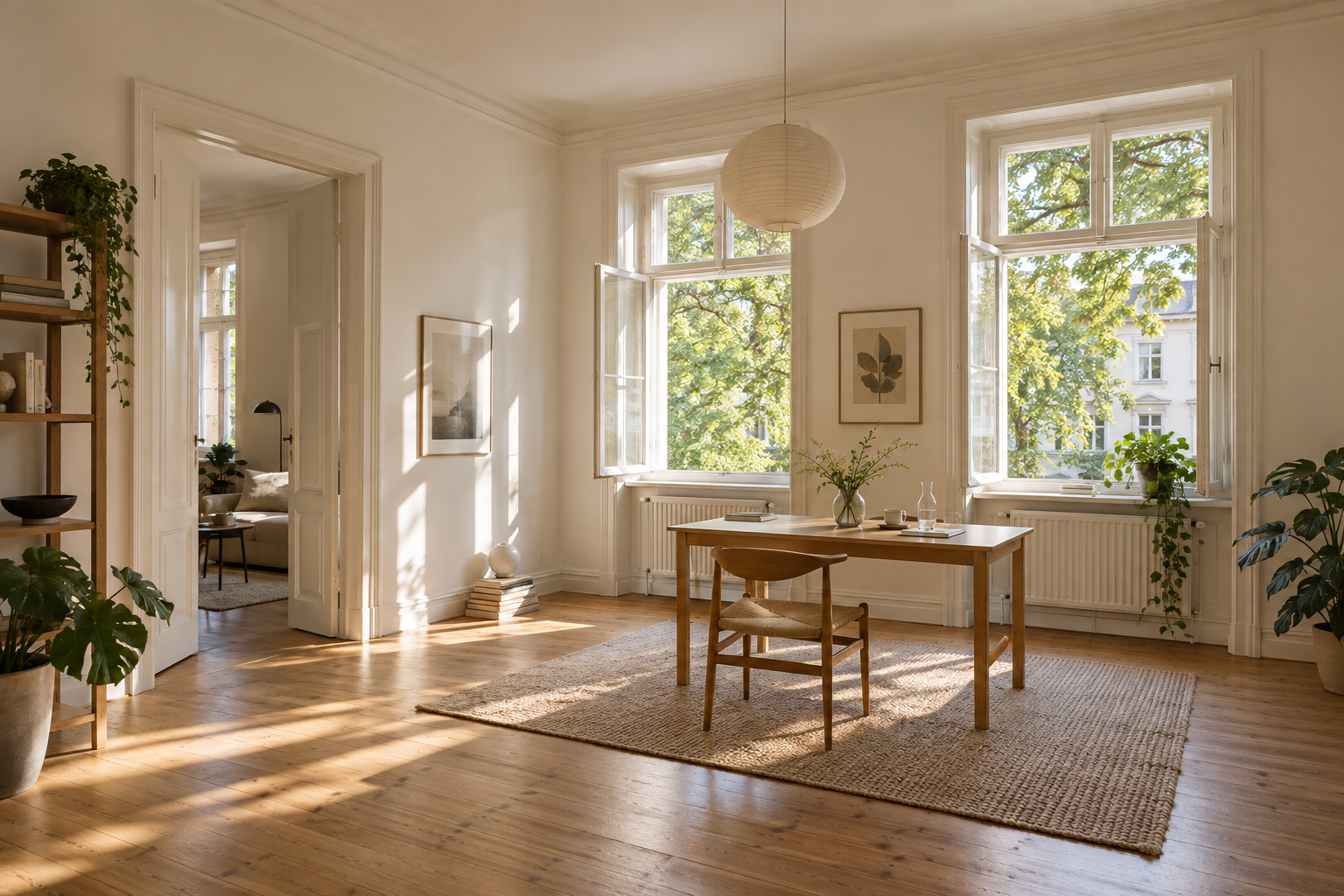 Heller Wohnraum mit Holztisch und Blick auf Bäume